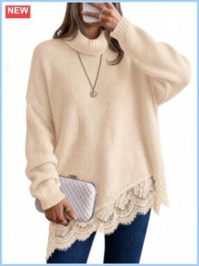 Womens Oversized Turtleneck Sweater Batwing Sleeve Lace Hem Tunic Top
